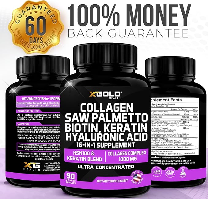 Collagen, Saw Palmetto, Biotin, Keratin, Keratin & Hyaluronic Acid - 16-in-1 Beauty Supplement with Vitamin C & E, Collagen Complex, Keratin Blend & HSN100 - Hair, Skin & Nail Growth - 90 Capsules