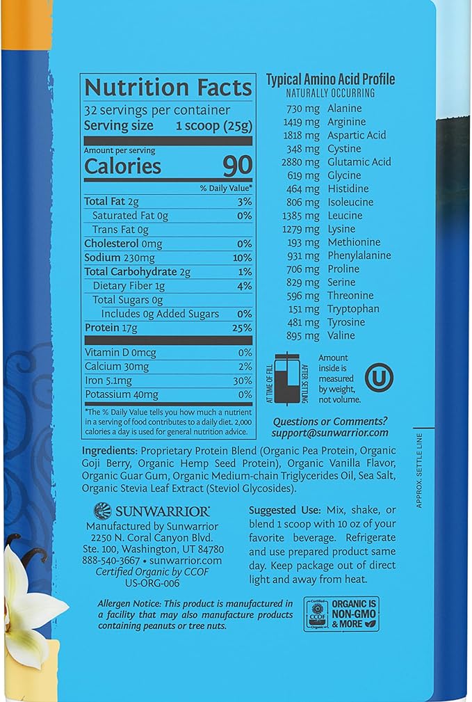 Sunwarrior Vegan Protein Powder Plant-Based USDA Organic | BCAA Amino Acids Hemp Seed | Keto Friendly Soy, Dairy, Gluten, & Synthetic Free Non-GMO | Vanilla 32 Servings 17g