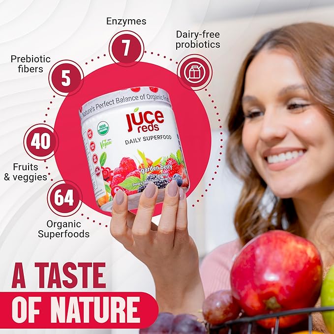 JUCE Reds Organic Superfood Powder - Garden Berry Flavor | Fruit & Veggie Powder for Everyone w/64 Immune Boosting Superfood Plus Probiotics for Gut Health | 20 Servings (230g) | By Terra Kai Organics