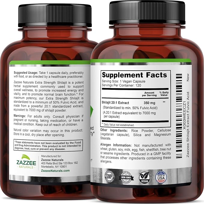 Zazzee 100% Pure Organic Himalayan Shilajit 20:1 Extract, 7000 mg Strength per Capsule, 50% Fulvic Acid, 120 Servings per Bottle, 20X Potency, Rich in Trace Minerals, Non-GMO, Vegan, Made in The USA