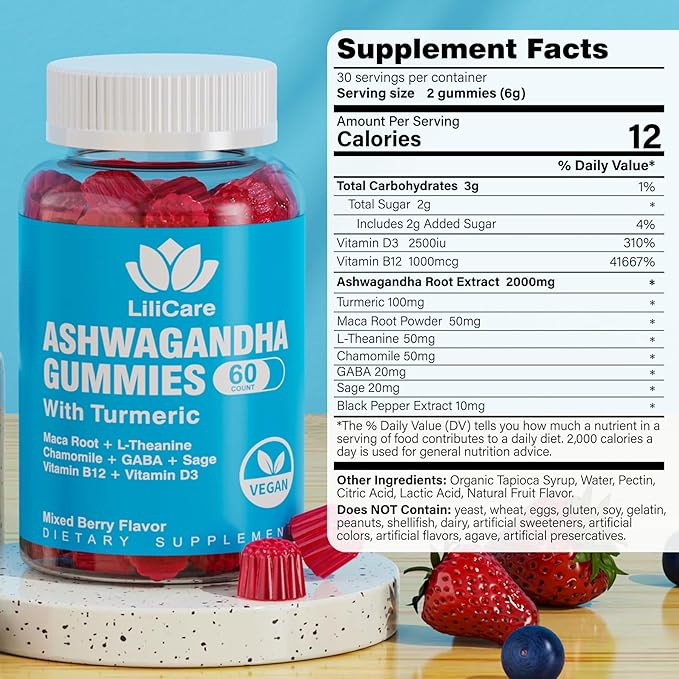 Ashwagandha Gummies, 2000mg Organic Ashwa Root 60 Count