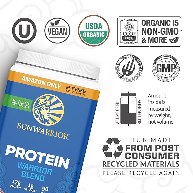 Sunwarrior Vegan Protein Powder Plant-Based USDA Organic | BCAA Amino Acids Hemp Seed | Keto Friendly Soy, Dairy, Gluten, & Synthetic Free Non-GMO | Vanilla 32 Servings 17g