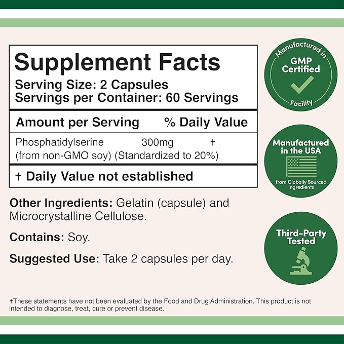PhosphatidylSerine Supplement 300mg Per Serving, 120