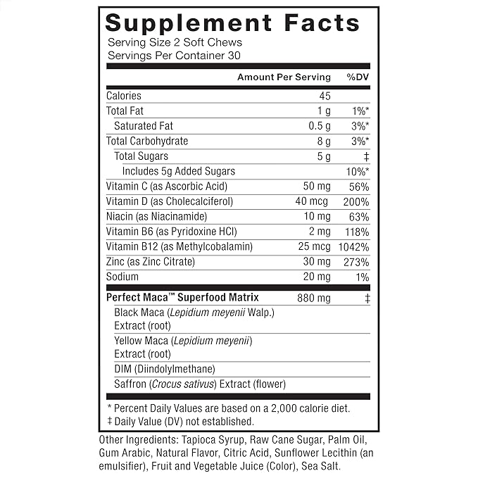 FORCE FACTOR Perfect Maca, Maca Root and DIM Supplement with Saffron to Boost Energy and Mood, with Yellow and Black Maca, Vitamins, Minerals, and Antioxidants, Dark Cherry Flavor, 60 Soft Chews