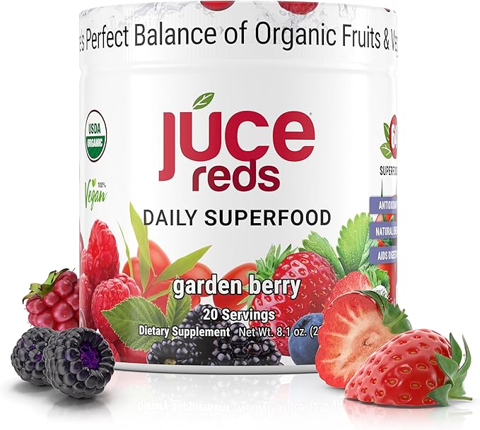 JUCE Reds Organic Superfood Powder - Garden Berry Flavor | Fruit & Veggie Powder for Everyone w/64 Immune Boosting Superfood Plus Probiotics for Gut Health | 20 Servings (230g) | By Terra Kai Organics