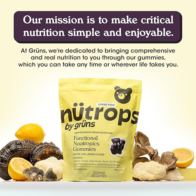 Nutrops Sugar-Free Functional Nootropics Mushroom Gummies for adult, Herbal Brain Supplement Gummy for Energy, Brain Health, Mood & Focus - Lions Mane, Cordyceps, Reishi, Maitake, Chaga & Coriolus Blend, 28 serve