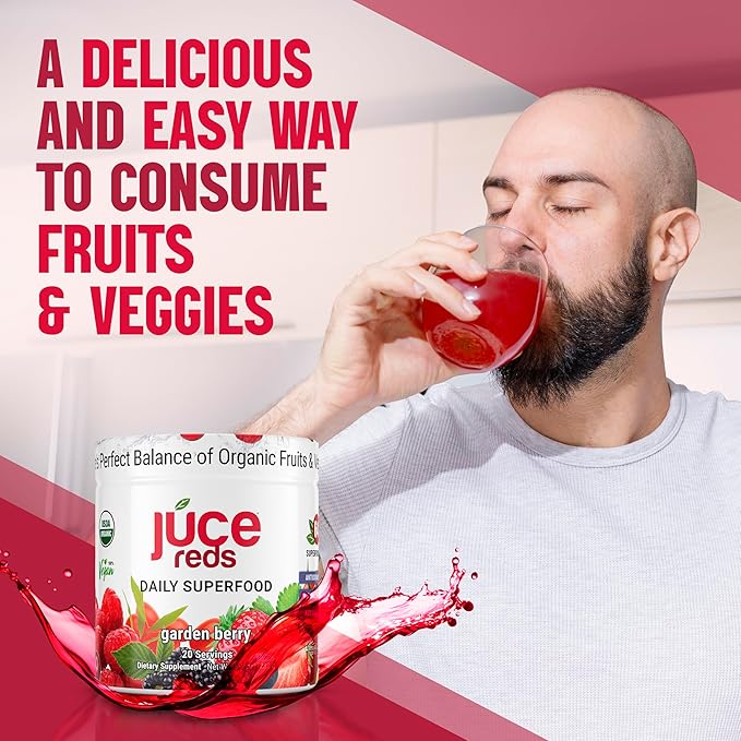 JUCE Reds Organic Superfood Powder - Garden Berry Flavor | Fruit & Veggie Powder for Everyone w/64 Immune Boosting Superfood Plus Probiotics for Gut Health | 20 Servings (230g) | By Terra Kai Organics