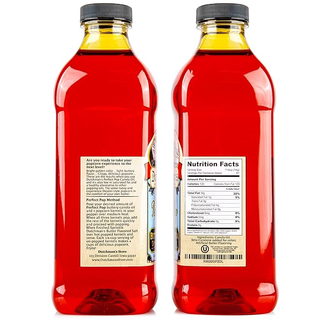 Dutchman’s Popcorn Oil Butter Flavor, Perfect Pop Butter Flavored Canola Oil, 33.8 oz. Colored with Natural Beta Carotene, Make Theater Style Popcorn at Home, Vegan, Healthy, Zero Trans Fat