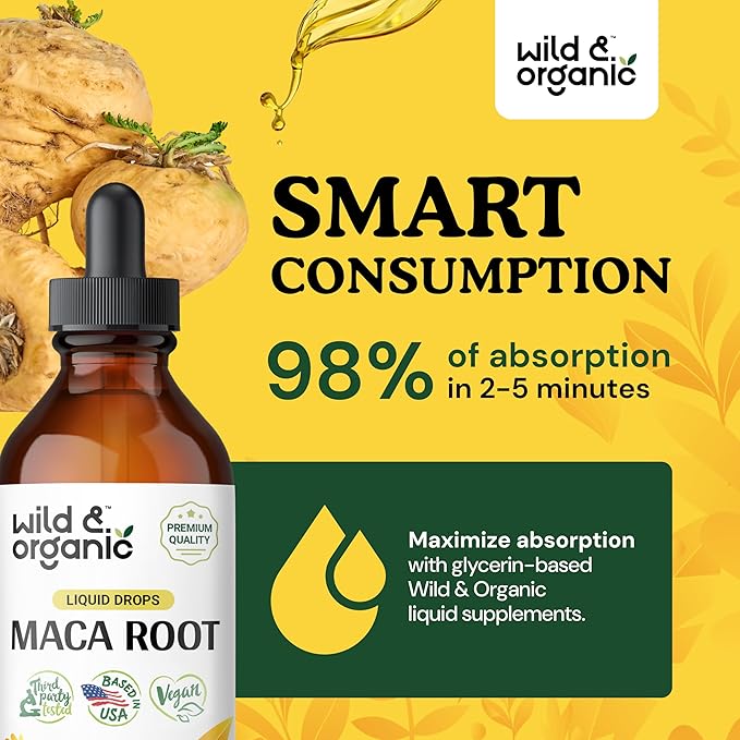 Wild & Organic Maca Root Liquid Drops - Alcohol Free Maca Root Tincture - Peruvian Maca Supplement for Women and Men - Vegan, Sugar Free Maca Drops - 4 fl oz