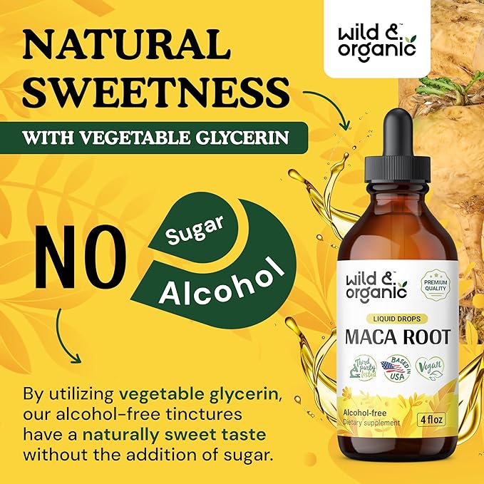 Wild & Organic Maca Root Liquid Drops - Alcohol Free Maca Root Tincture - Peruvian Maca Supplement for Women and Men - Vegan, Sugar Free Maca Drops - 4 fl oz