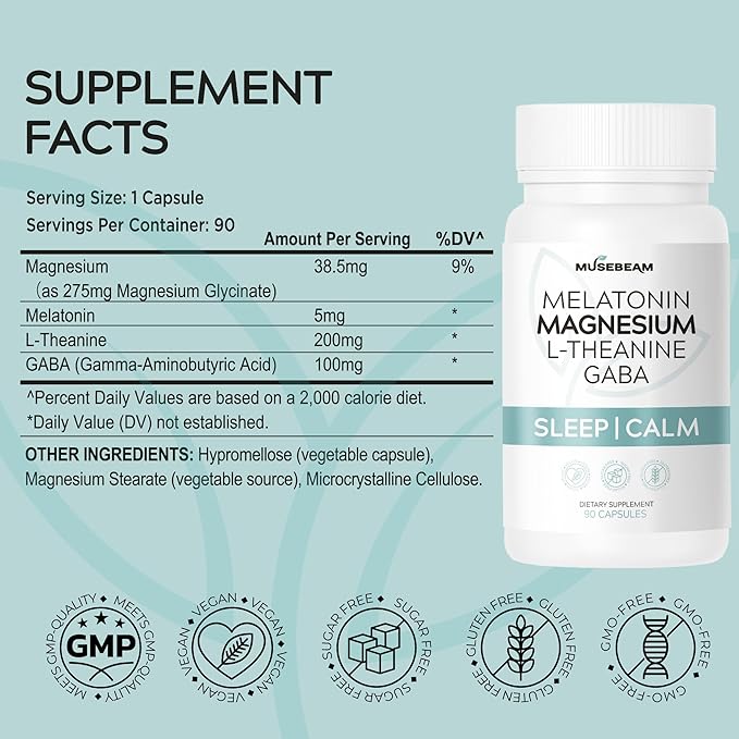 Magnesium Glycinate 275mg Melatonin 5mg L-Theanine 200mg GABA 100mg Capsules - Full Rest Nighttime Bedtime Support Supplement for Men Women - Vegan Sugar-Free Gluten-Free