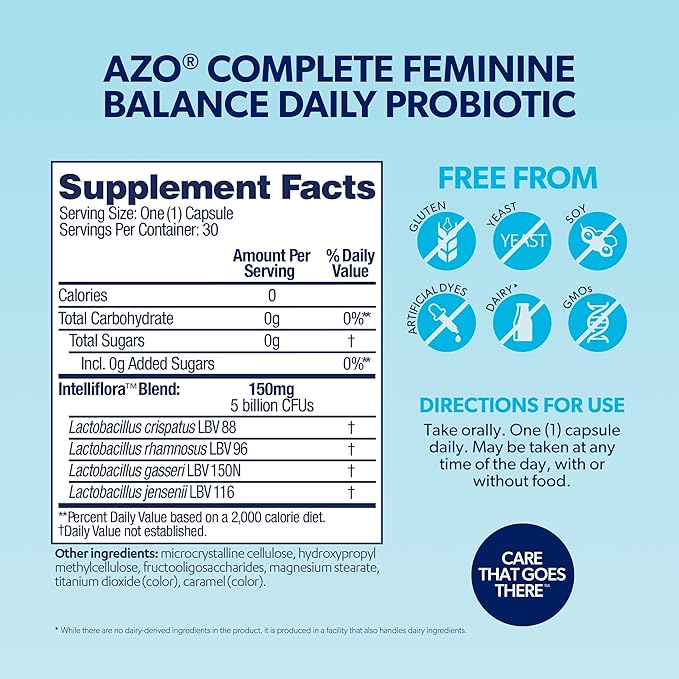 AZO Complete Feminine Balance Daily Probiotics for Women, Clinically Proven to Help Protect Vaginal Health, balance pH and yeast, Non-GMO, 30 Count