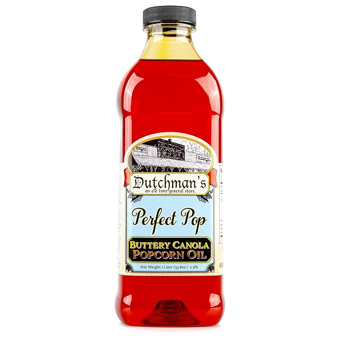Dutchman’s Popcorn Oil Butter Flavor, Perfect Pop Butter Flavored Canola Oil, 33.8 oz. Colored with Natural Beta Carotene, Make Theater Style Popcorn at Home, Vegan, Healthy, Zero Trans Fat