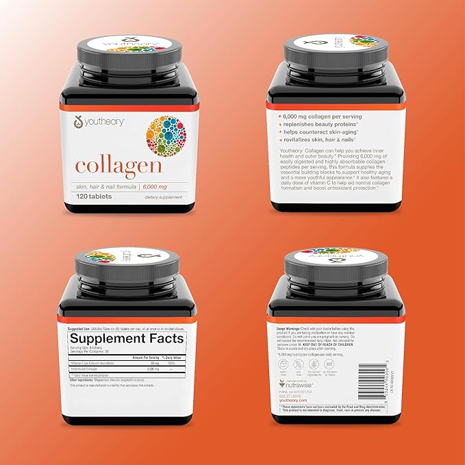 Youtheory Advanced Collagen - 6,000 mg Collagen - with Vitamin C - for Hair, Skin & Nails* - Collagen Supplements for Women and Men - 120 Tablets