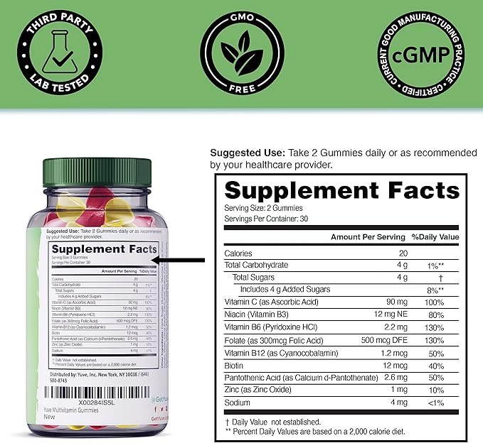 Yuve Vegan Multivitamin Gummies for Men B3, B6, B6, B12, B12, Biotin 60ct