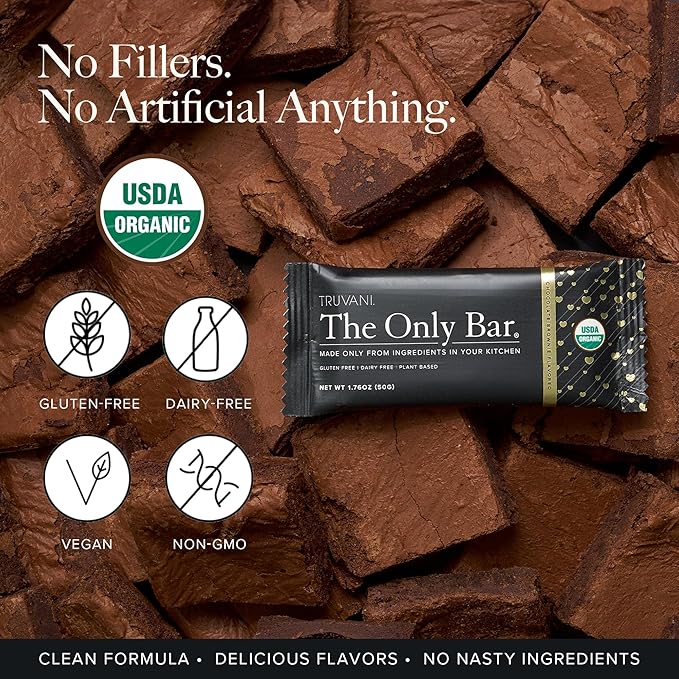Truvani Plant Based Snack Bars | Chocolate Brownie 12 Pack | 7g Protein | USDA Organic and Vegan | The Only Bar | Dairy, Soy, and Gluten Free | Individually Wrapped