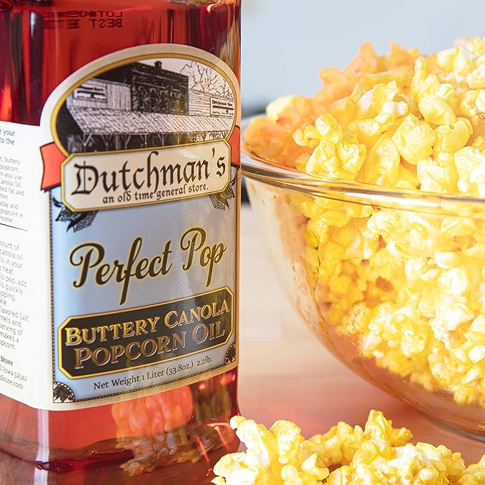 Dutchman’s Popcorn Oil Butter Flavor, Perfect Pop Butter Flavored Canola Oil, 33.8 oz. Colored with Natural Beta Carotene, Make Theater Style Popcorn at Home, Vegan, Healthy, Zero Trans Fat
