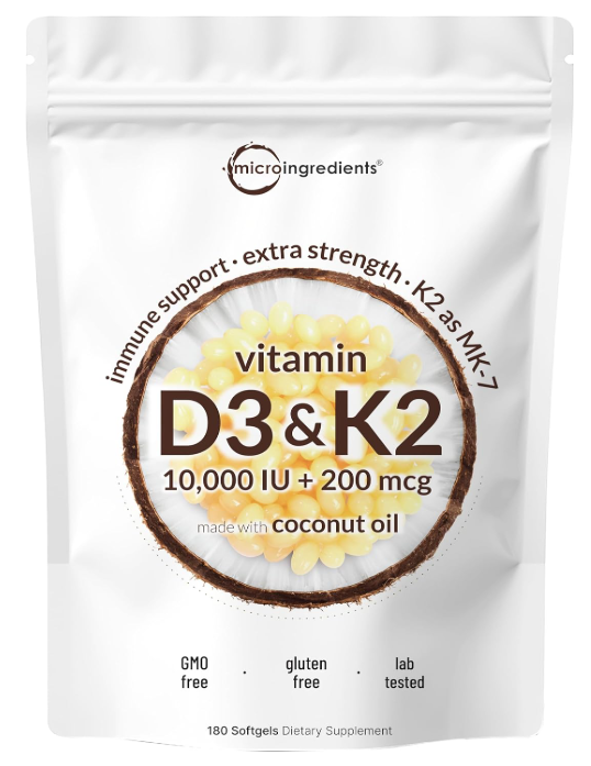 Microlabs D3 K2, Vitalboost Vitamin D3 K2 Supplement Softgels, 2-in-1 Vitamin D3 K2 Supplement Softgel, 10000 Iu VIT D3 + 200 Mcg Vitamin K2, Free of GMO, Gluten, Aiding in Calcium Absorption (180)