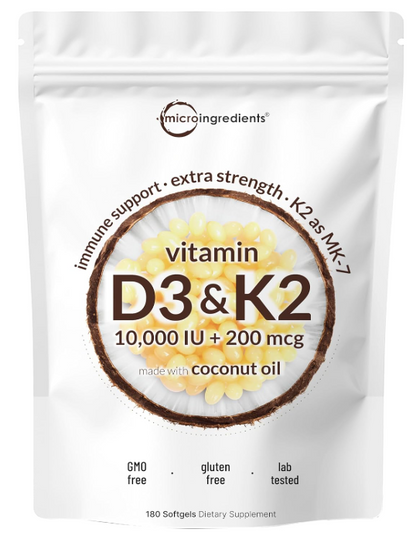 Microlabs D3 K2, Vitalboost Vitamin D3 K2 Supplement Softgels, 2-in-1 Vitamin D3 K2 Supplement Softgel, 10000 Iu VIT D3 + 200 Mcg Vitamin K2, Free of GMO, Gluten, Aiding in Calcium Absorption (180)