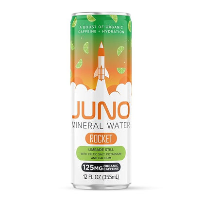 JUNO Rocket Limeade Still Mineral Water, Hydration Energy Drink with 125mg Organic Caffeine from Green Coffee Beans, Organic Monk Fruit, Organic Lime Juice, Celtic Salt, Potassium, and Calcium, Vegan, Gluten Free, 12 Pack