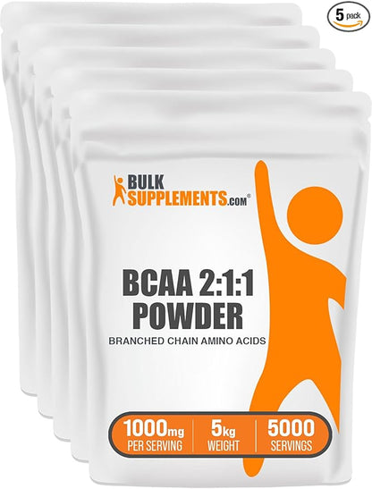 BulkSupplements.com BCAA 2:1:1 Powder - Branched Chain Amino Acids, BCAA Supplement, BCAAs Amino Acids Powder - Unflavored & Gluten Free, 1000mg per Serving, 5kg (11 lbs) (Pack of 5)