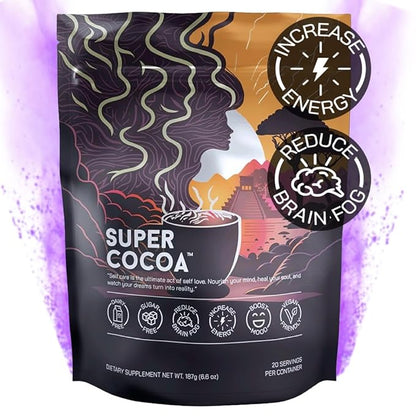 Super Cocoa Coffee Alternative Hot Chocolate Mix - Nootropics Brain Support Supplement for Memory & Focus - Mushroom Coffee Substitute - Dairy Free, Sugar Free, Keto, Vegan Superfood Powder Mix