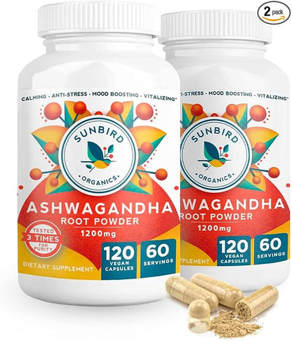 Ashwagandha Capsules Organic, Stress & Sleep 1200mg Pure 120 Vegan 2 Bottles