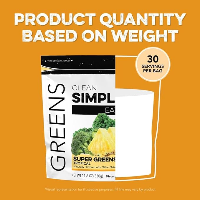 Clean Simple Eats Tropical Greens Powder Mix, Greens Superfood Powder Smoothie & Juice Mix, Gluten Free, Includes Powerhouse Superfoods Chlorella & Spirulina Powder Organic (30 Servings)