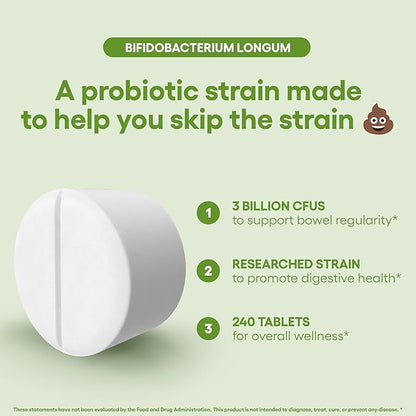 Bifidobacterium Longum Probiotic Supplement 240 Tablets 3 Billion CFU Probiotics for Men & Women Supports Intestinal Digestive & Gut Health Made in The USA (240, Bifidobacterium Longum)