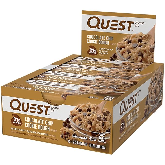 Quest Nutrition Chocolate Chip Dough Cookie Protein Bars, 21g Protein, 1g Sugar, 4g Net Carb, Gluten Free, Keto Friendy, 12 Count