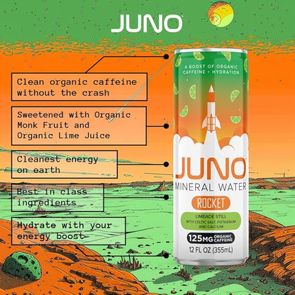 JUNO Rocket Limeade Still Mineral Water, Hydration Energy Drink with 125mg Organic Caffeine from Green Coffee Beans, Organic Monk Fruit, Organic Lime Juice, Celtic Salt, Potassium, and Calcium, Vegan, Gluten Free, 12 Pack