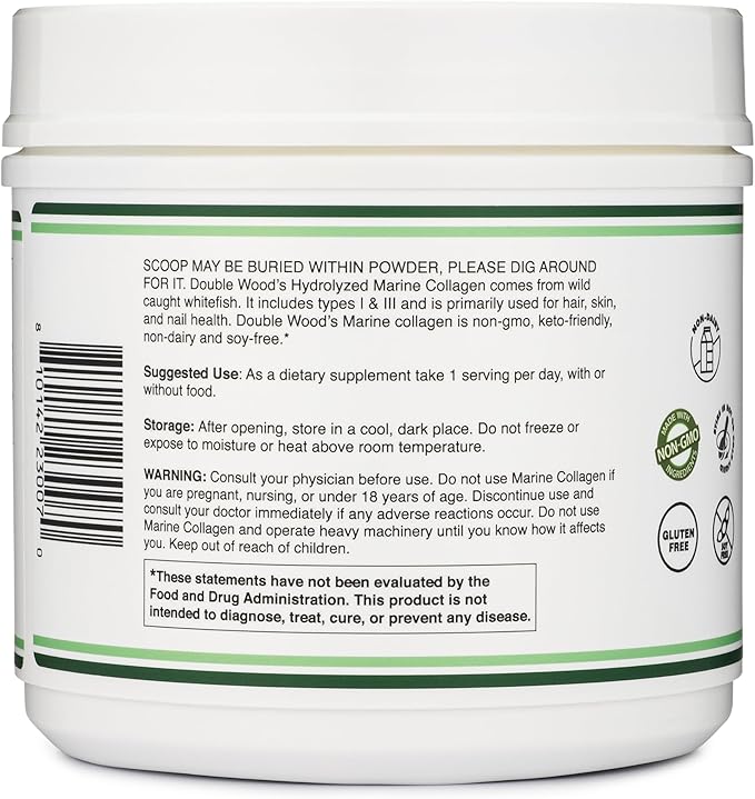 Double Wood Supplements Marine Collagen Powder (1 LB 16 OZ (38 Servings 12 Grams