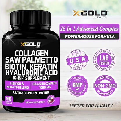 Collagen, Saw Palmetto, Biotin, Keratin, Keratin & Hyaluronic Acid - 16-in-1 Beauty Supplement with Vitamin C & E, Collagen Complex, Keratin Blend & HSN100 - Hair, Skin & Nail Growth - 90 Capsules