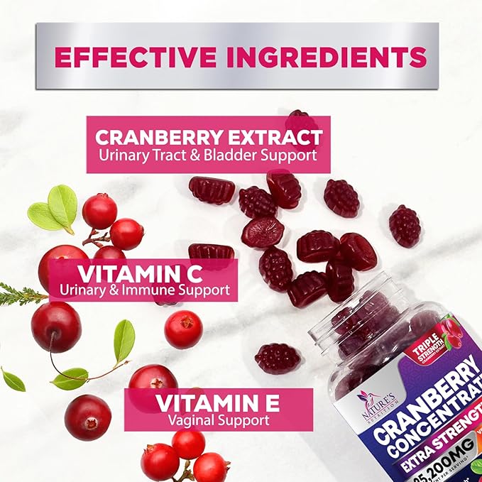 Cranberry Gummies - Urinary Tract Health Gummy + Vitamin C - 25,000mg - Triple Strength Cranberry Concentrate Extract Supplement Pills, Ultimate Potency, Non-GMO, Gluten Free - 120 Gummies