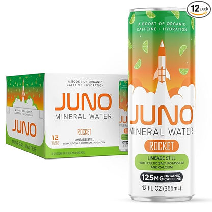JUNO Rocket Limeade Still Mineral Water, Hydration Energy Drink with 125mg Organic Caffeine from Green Coffee Beans, Organic Monk Fruit, Organic Lime Juice, Celtic Salt, Potassium, and Calcium, Vegan, Gluten Free, 12 Pack