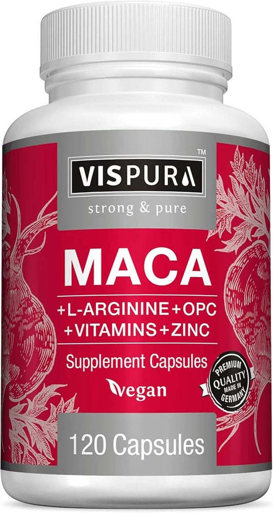 Maca Root Capsules 5000 mg + L-Arginine, Vitamins B6 + B12, OPC and Zinc, Energy Boosting Formula* for Men and Women, 120 Vegan Tablets with Organic Maca Peruana Extract