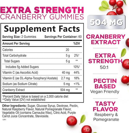 Cranberry Gummies - Urinary Tract Health Gummy + Vitamin C - 25,000mg - Triple Strength Cranberry Concentrate Extract Supplement Pills, Ultimate Potency, Non-GMO, Gluten Free - 120 Gummies