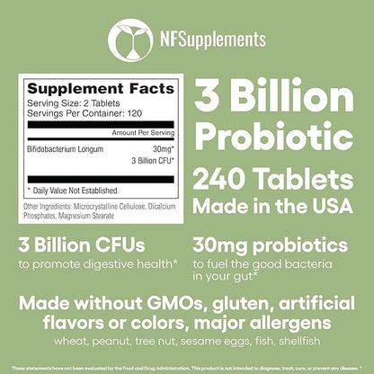 Bifidobacterium Longum Probiotic Supplement 240 Tablets 3 Billion CFU Probiotics for Men & Women Supports Intestinal Digestive & Gut Health Made in The USA (240, Bifidobacterium Longum)