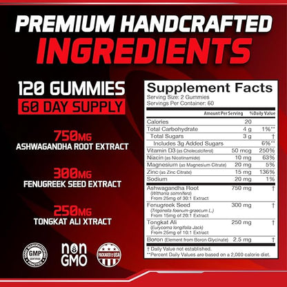 8in1 Testosterone Booster for Men with Tongkat Ali, Fenugreek, Ashwagandha and Magnesium - Improve Libido & Hormonal Balance, Non GMO Made in the USA, Black Cherry, 120 Count Gummies for Men