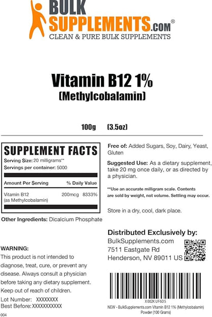 BulkSupplements.com Vitamin B12 Methylcobalamin Powder 1% B12 B12 Methylcobalamin, B12 Supplement, 20mg per 100g (3.5 (3.5 oz) 1)