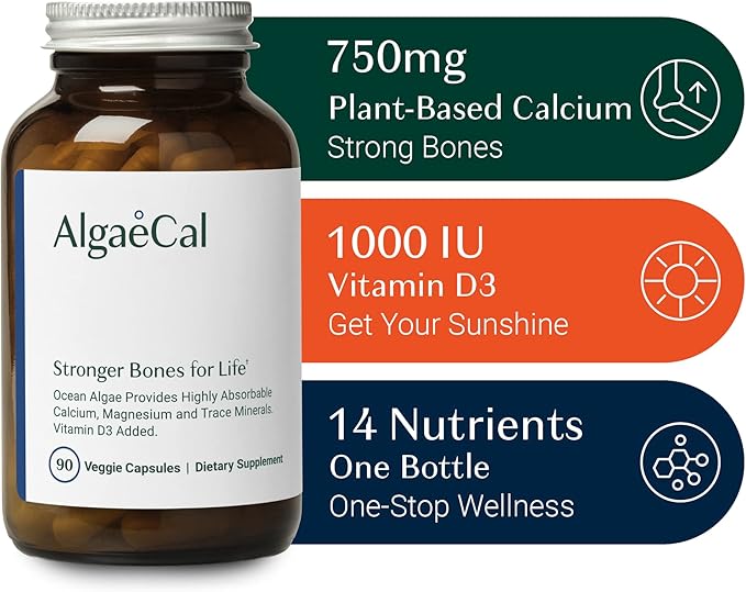 ALGAECAL - Plant Based Calcium Supplement D3 (1000 (1000 IU) 13 Minerals (750 mg) 90 Veggie