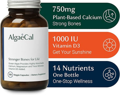 ALGAECAL - Plant Based Calcium Supplement D3 (1000 (1000 IU) 13 Minerals (750 mg) 90 Veggie
