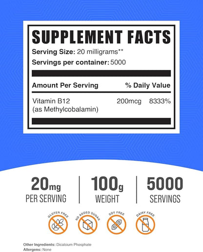 BulkSupplements.com Vitamin B12 Methylcobalamin Powder 1% B12 B12 Methylcobalamin, B12 Supplement, 20mg per 100g (3.5 (3.5 oz) 1)