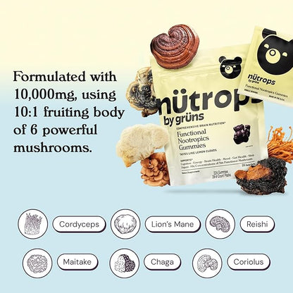 Nutrops Sugar-Free Functional Nootropics Mushroom Gummies for adult, Herbal Brain Supplement Gummy for Energy, Brain Health, Mood & Focus - Lions Mane, Cordyceps, Reishi, Maitake, Chaga & Coriolus Blend, 28 serve