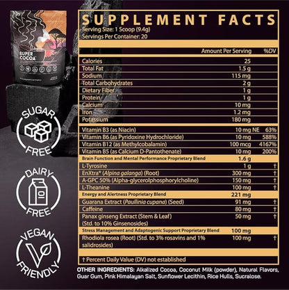 Super Cocoa Coffee Alternative Hot Chocolate Mix - Nootropics Brain Support Supplement for Memory & Focus - Mushroom Coffee Substitute - Dairy Free, Sugar Free, Keto, Vegan Superfood Powder Mix