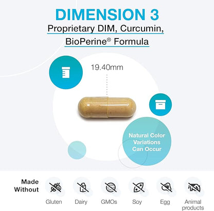 XYMOGEN DIMension 3 - Diindolylmethane DIM Supplement with Curcumin + BioPerine - Supports Healthy Estrogen Detox, Hormonal Balance for Women and Men - Menopause Relief + PMS Support (120 Capsules)