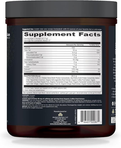 Keto Protein Powder by Ancient Nutrition, 18g Protein 11g Fat 17 Servings