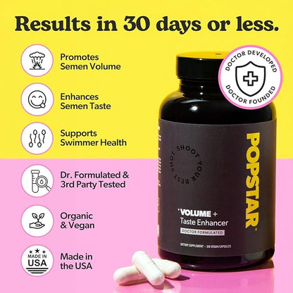 POPSTAR Labs Semen Volume Booster - Men's Semen Health & Fertility Supplement - Doctor Formulated to Increase Load Volume - Made in USA - Non-GMO, Organic, Vegan - 120 Capsules (1 Month Supply)