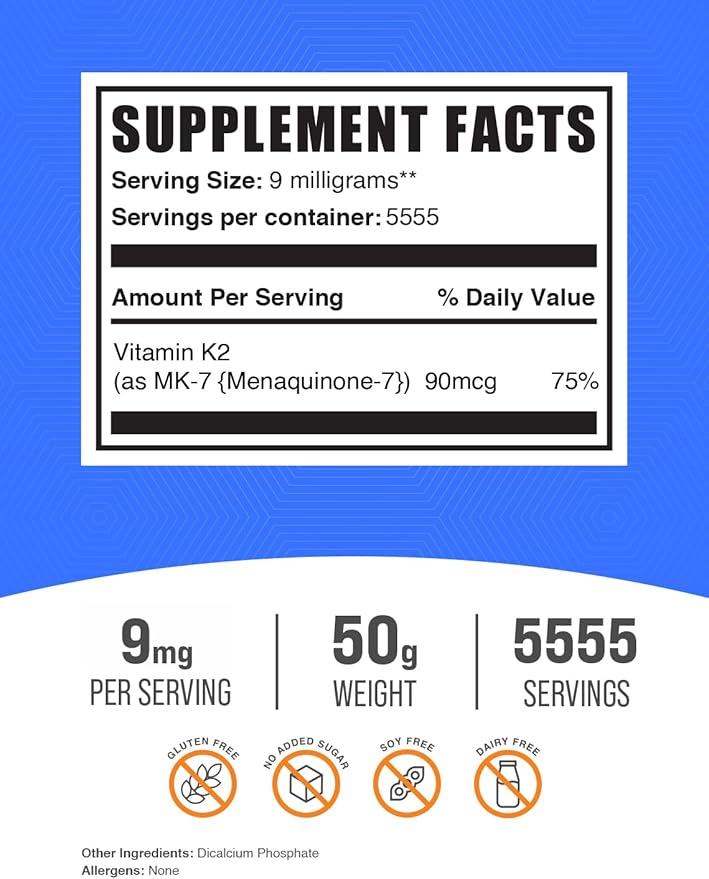 BulkSupplements.com Vitamin K2 Powder K2 MK-7, MK-7, as K2 Vitamin 9mg per 50g (1.8 (1.8 oz) 1)