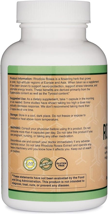 Rhodiola Rosea Supplement 500mg, 120 Vegan 3% Salidrosides, 1% Rosavins